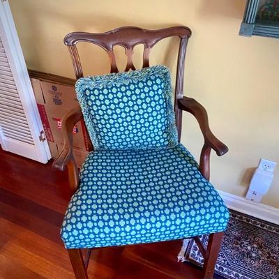 6 dining chairs - 2 arm chairs with green/blue print, and 4 regular chairs with plaid