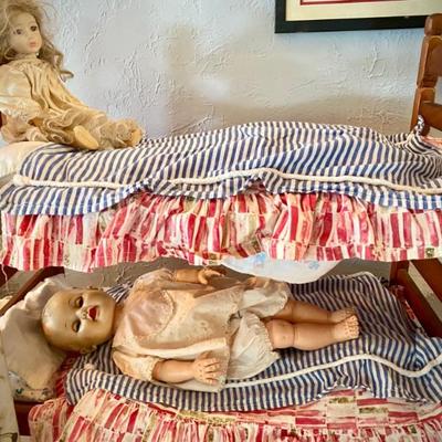 Vintage dolls and doll bunk bed