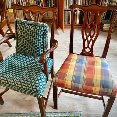 Six dining chairs - two with arms have green/blue upholstery, four without arms have plaid upholstery