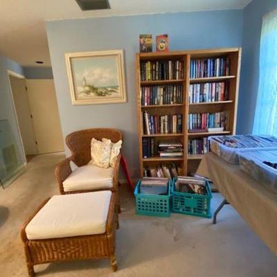 Books, Bookcase, Wicker Chair & Ottoman