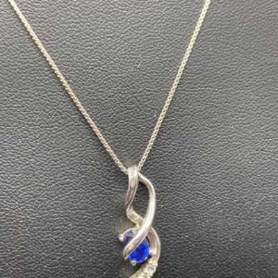 18in Sterling Silver Necklace w/ Sapphire Pendant