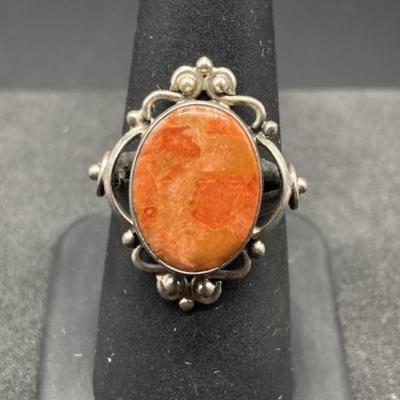 Sterling Silver Ring w/ Coral, Size 7.5
