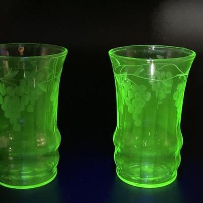 2- Etched Green Depression Vaseline Glass Tumblers