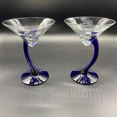 (2) Libby Brovara Cobalt Blue Martini Glasses