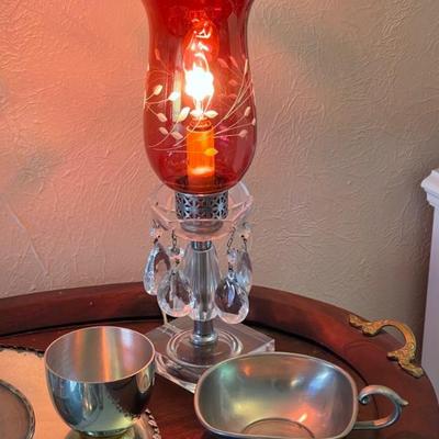 Electric Cranberry Glass Hurricane Lamp w/ Chandelier Prisms
