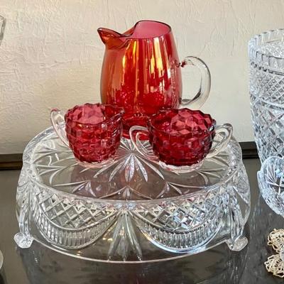 Gorgeous Footed Cake Plate with Cranberry Glass Pitcher, Cream & Sugar