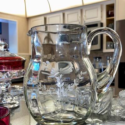 Hand Etched Glass Pitcher