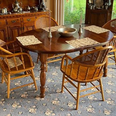 French Farmhouse Dining Table and Spindle Cane-back Chairs