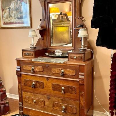 Antique Vanity w/ Tilt Mirror, Marble Slab, 2 Small Upper Drawers, and 3 Large Dresser Drawers