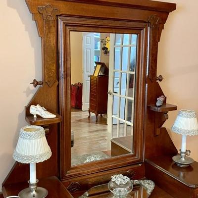 Antique Vanity w/ Tilt Mirror, Marble Slab, 2 Small Upper Drawers, and 3 Large Dresser Drawers