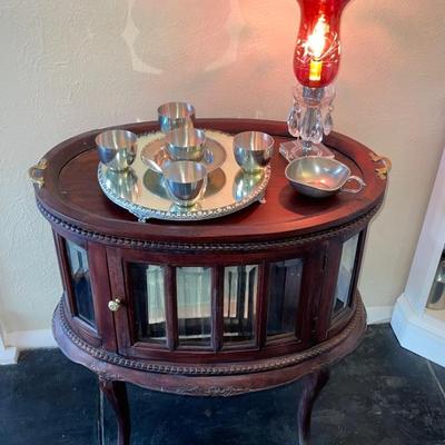 Oval Liquor / Curio Cabinet with Beveled Glass & Removable Serving Tray Top