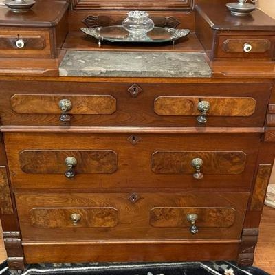 Antique Vanity w/ Tilt Mirror, Marble Slab, 2 Small Upper Drawers, and 3 Large Dresser Drawers