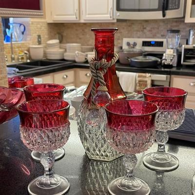 Indiana Glass Diamond Point Decanter and Wine Goblets
