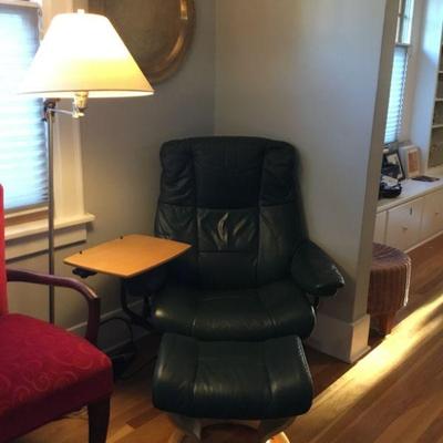 Green Leather Chair with attached Arm Tray, Ottoman, and Floor Lam