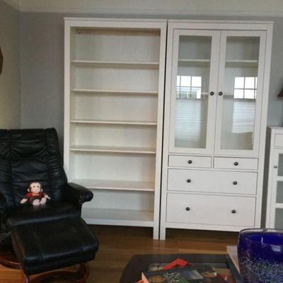 Black Leather Chair with Storage Ottoman, IKEA Book Shelf and Cabinets