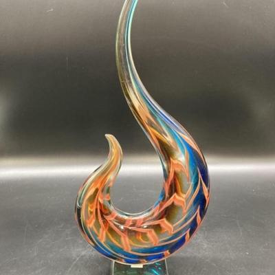 Large Abstract Blown Art Glass Sculpture is 15in t