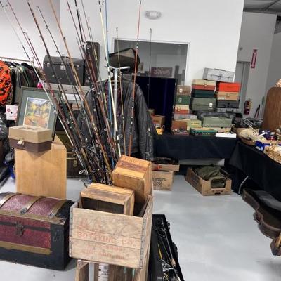Crates, Trunk, Fishing Poles, Tackle Boxes