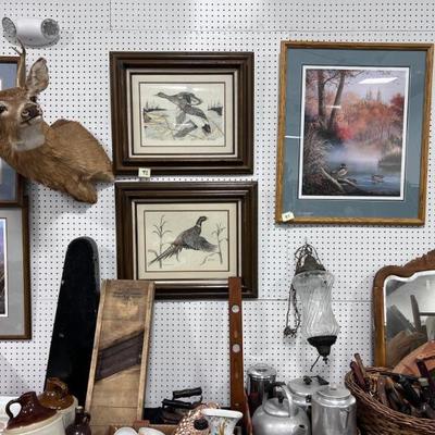 Kraut Cutter, Deer Mount, Beautiful Pair of Grey Paintings, Light Fixture, Stanley Level
