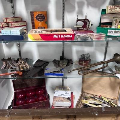 PowerLine BB gun, Child's Sewing Machine, Red Rocket Fire Safety, Gun Bible, Antique Heddon Lures, Copper Figure Molds