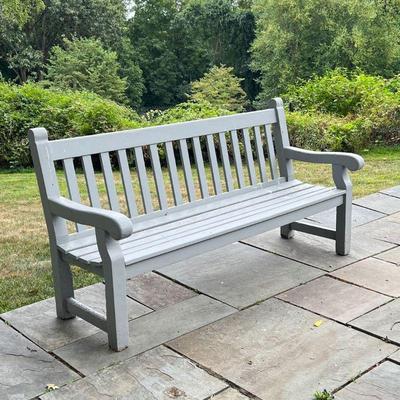 GREY PAINTED BENCH | Grey painted outdoor garden bench (h. 37-1/2 x w. 61-1/2 x 25-1/2 in.), long, three seater; structurally sound,...