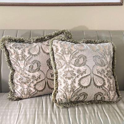 PAIR DOWN CUSHIONS | Two down throw pillows in velvet textured pillow covers with tassels; each 20 x 20 in.
