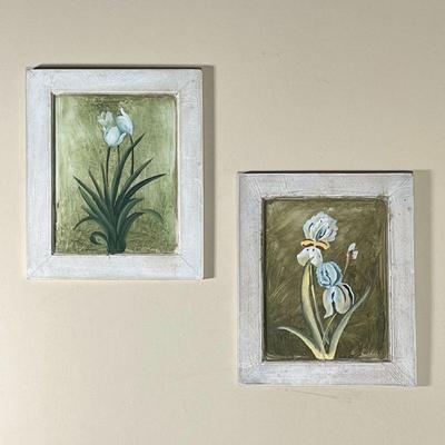 PAIR FRAMED FLOWER PAINTINGS | Stencil painted flowers in distressed white frames - 12-1/2 x 10-1/2 in. (each overall)