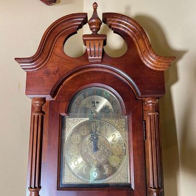 MAHOGANY GRANDFATHER CLOCK | Ridgeway grandfather clock with fancy brass dial and moon phase, with Arabic numerals, glass panel door with...