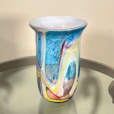 MURANO-STYLE VASE | Playful decorative vase, having colorful swirls with a white interior, unsigned; h. 10-1/4 x dia. 6-3/4 in.