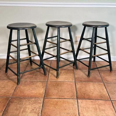 (3pc) UNION CITY STOOLS | Union City Chair kitchen counter stools, stamped on underside, with rustic green paint; h. 26-3/4 x dia. 14 in.