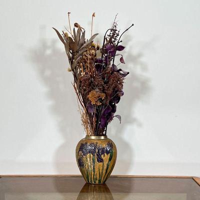 ENAMELED VASE | Flower vase of small size, enamel decorated with purple irises; h. 6 x w. 5-1/2 in.