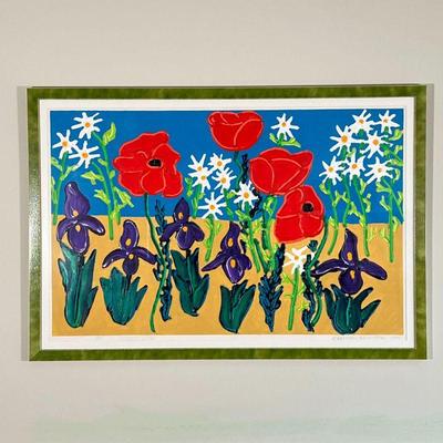 IRISES & POPPIES PAINTING | Oil on paper floral landscape with vivid colors, signed Matthew Brzostoski and dated 1999 lower right; sight...