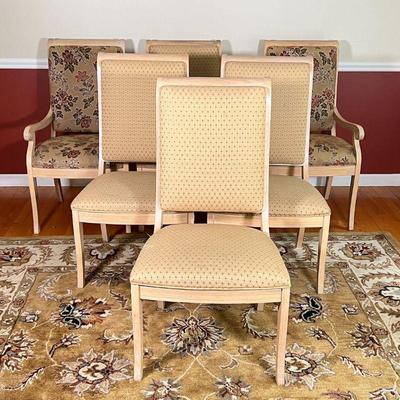 (6pc) SET DINING CHAIRS | Light wood dining chair set, including two armchairs with textured floral upholstery (with a matching table...