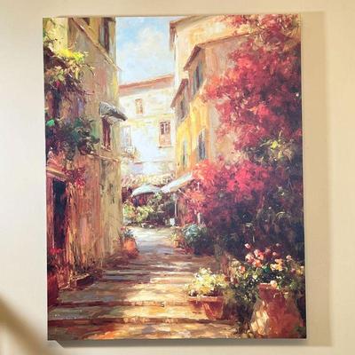 GARDEN CANVAS PRINT | Large art print showing a European promenade with flowers and trees; 50 x 40 in.
