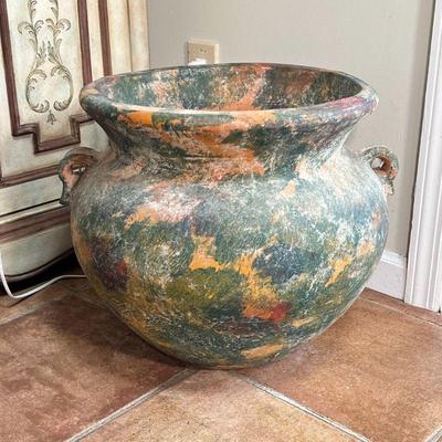 LARGE TERRACOTTA PLANTER | Large terracotta pot with old paint, having two decorative side handles, the bottom drilled with a hole for...