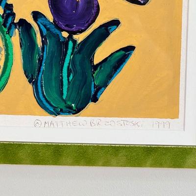 IRISES & POPPIES PAINTING | Oil on paper floral landscape with vivid colors, signed Matthew Brzostoski and dated 1999 lower right; sight...
