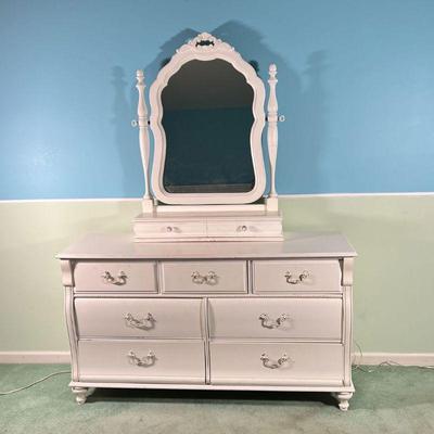 WHITE DRESSER & MIRROR | Stanley Furniture, seven drawer long dresser with attached vanity mirror with two drawers (mirror attachment h....