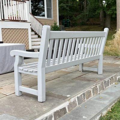 GREY PAINTED BENCH | Grey painted outdoor garden bench (h. 37-1/2 x w. 61-1/2 x 25-1/2 in.), long, three seater; structurally sound,...