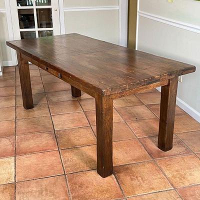  DARK WOOD DINING TABLE | No apparent brand mark, with board style top on square block legs, with a single drawer, with two extension...
