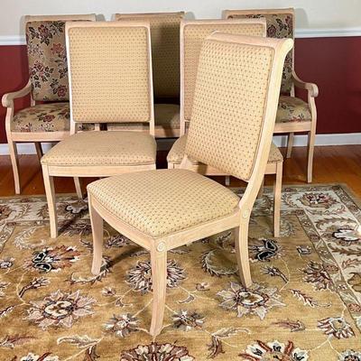 (6pc) SET DINING CHAIRS | Light wood dining chair set, including two armchairs with textured floral upholstery (with a matching table...