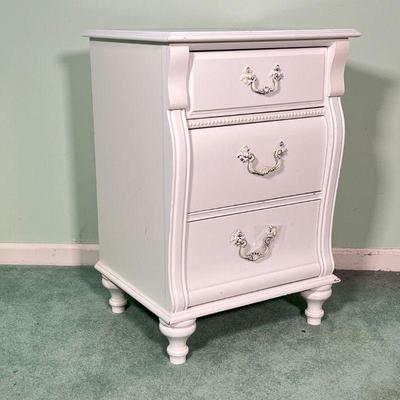 STANLEY FURNITURE NIGHT STAND | White painted bedside table having three drawers with antique style pulls; h. 29 x w. 20 x d. 17 in.