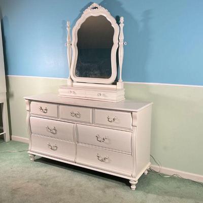 WHITE DRESSER & MIRROR | Stanley Furniture, seven drawer long dresser with attached vanity mirror with two drawers (mirror attachment h....