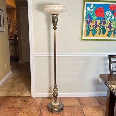 ANTIQUE STYLE FLOOR LAMP | Having a ribbed column base with alabaster rings at the bottom, with a milky glass shade - h. 65-1/4 x dia. 13...