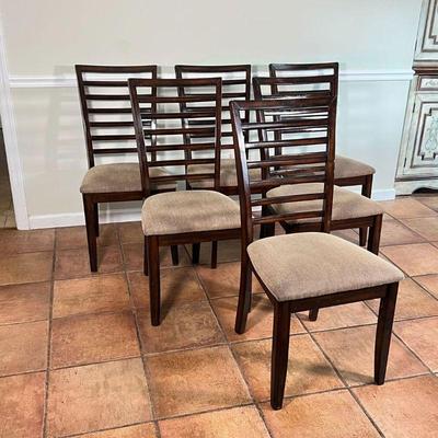 (6pc) DARK WOOD DINING CHAIRS | A set of 6 ladder back side chairs with dark wood frames and simple herringbone upholstery; h. 38 x w....