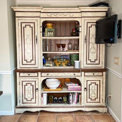 COUNTRY STYLE HUTCH CABINET | Excellent kitchen storage space! Of two piece construction, the top piece having two cabinet doors...