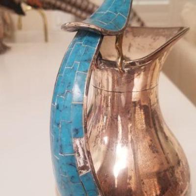 mexican silver coffee pot with inlay turquoise handle  slight damage on hamdle