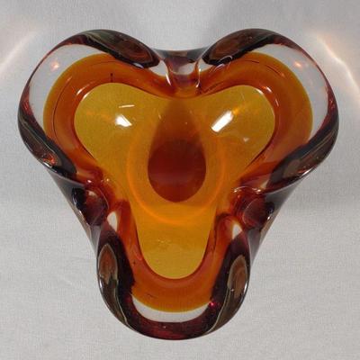 Mid Century Orange Art Glass Ashtray