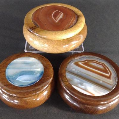 Set of 3 Agate & Wood Jewelry / Trinket Boxes
