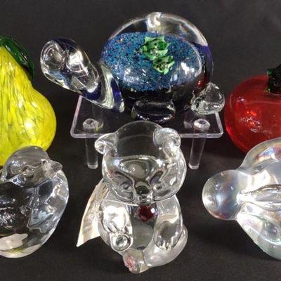6 Fruit & Animal Art Glass Paperweights