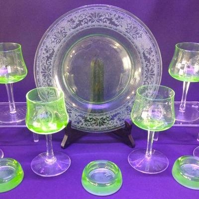 10 pc. Uranium Wine Glasses, Plate & Coasters