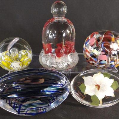 5 Art Glass Paperweights (2 makers marks)